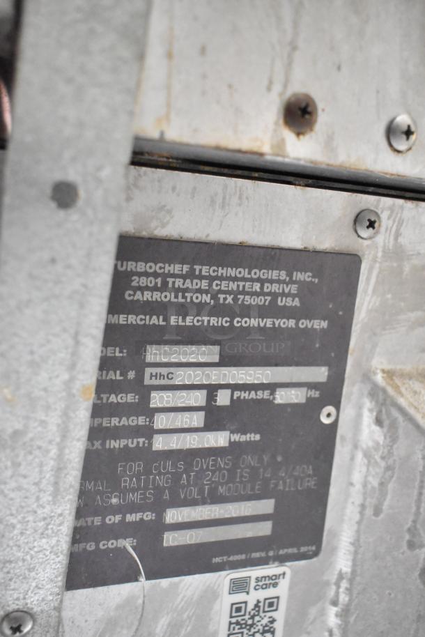 Turbochef HhC2020 stainless steel electric conveyor oven label, showing model, voltage, and manufacturing details.