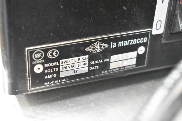 La Marzocco Swift E.P.S.B. metal commercial espresso grinder label, model Swift E.P.S.B, 120 volts, made in Italy.