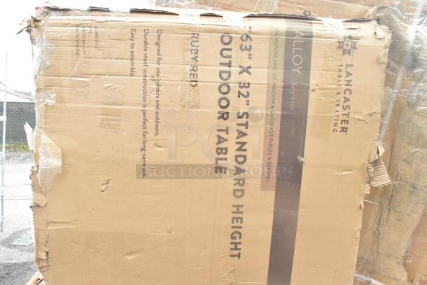 12 brand new items in packaging, featuring a large box labeled "63"x32" Standard Height Outdoor Table" by Lancaster.
