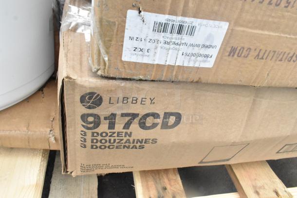 Libbey 917CD box containing 3 dozen 11 oz beverage glasses. Box shows some wear, indicating scratch and dent condition.