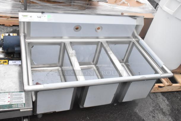 Brand new Regency 600S31220 45" stainless steel three-compartment commercial sink, 12" x 20" x 12" bowls, no legs, NSF certified, scratch and dent condition.