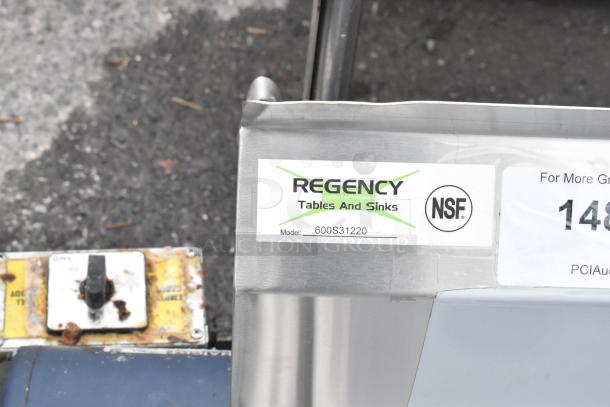 Regency 600S31220 45" stainless steel 3-compartment sink, model label visible. Brand new scratch and dent, no legs.