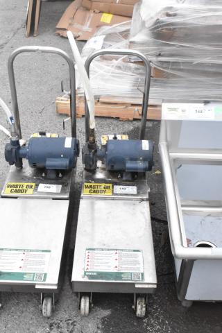 Frontline 10SS stainless steel commercial oil filtration system on casters, labeled "Waste Oil Caddy," used condition.