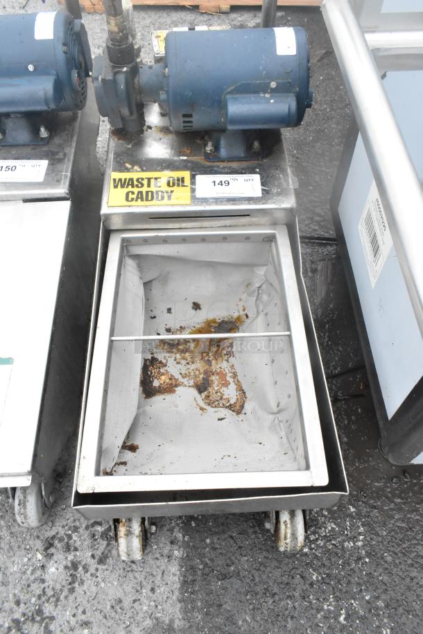 Frontline 10SS stainless steel oil filtration system on casters, labeled "Waste Oil Caddy," with signs of previous use.