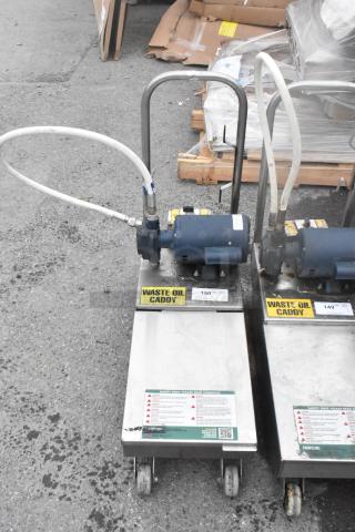 Frontline 10SS stainless steel commercial oil filtration system on casters, equipped for waste oil handling, in good condition.