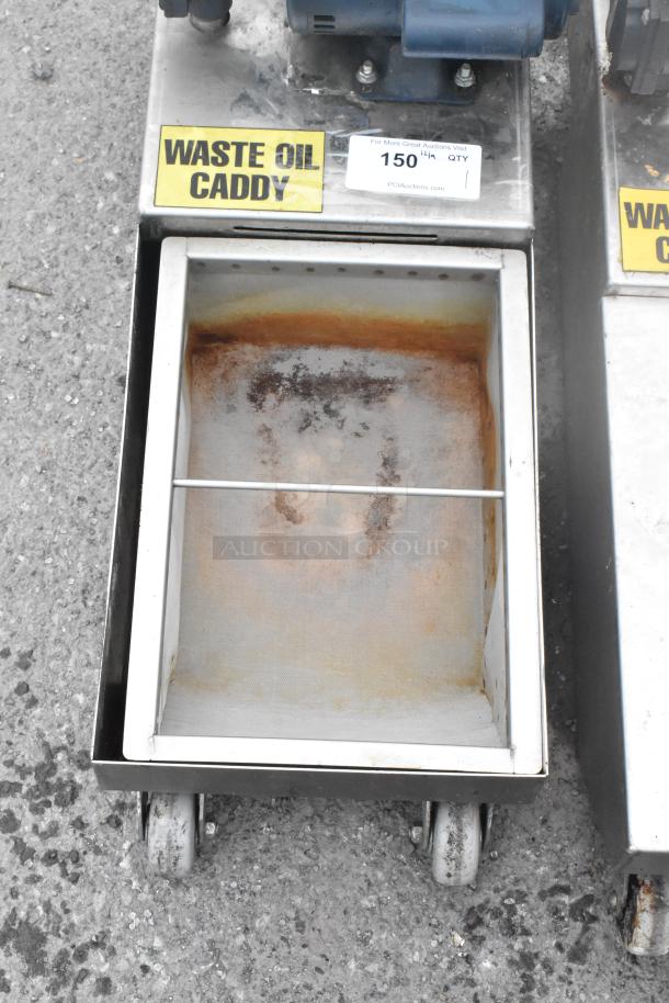 Frontline 10SS stainless steel commercial oil filtration system on casters, labeled "Waste Oil Caddy," shows some rust.
