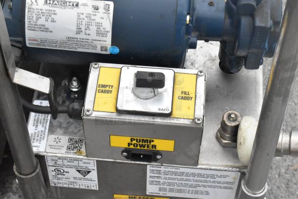 Frontline 10SS stainless steel oil filtration system with pump power controls and commercial casters. Model labels visible.