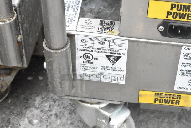 Frontline 10SS stainless steel commercial oil filtration system with commercial casters, UL listed, NSF certified.