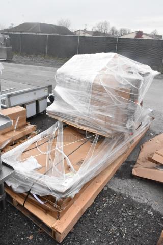 5 new scratch and dent items, including a Regency supermarket cart and Lancaster 30"x96" wood table top, wrapped on pallet.