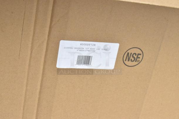 Label on cardboard reads: "600UDT72R DISHTBL UNDERCTR 72" RGHT 16G 304SS 8"BKSP/2"RETURN". NSF logo present.