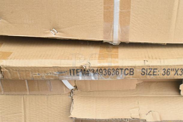 Cardboard box with item #3493636TCB, size 36"x36", containing scratch and dent dishtable and work tables.