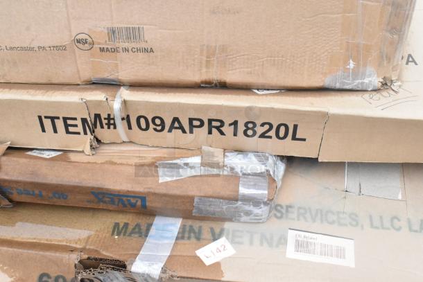 Cardboard boxes labeled "ITEM#109APR1820L", "Made in China", NSF seal. Boxes appear scratched/dented.