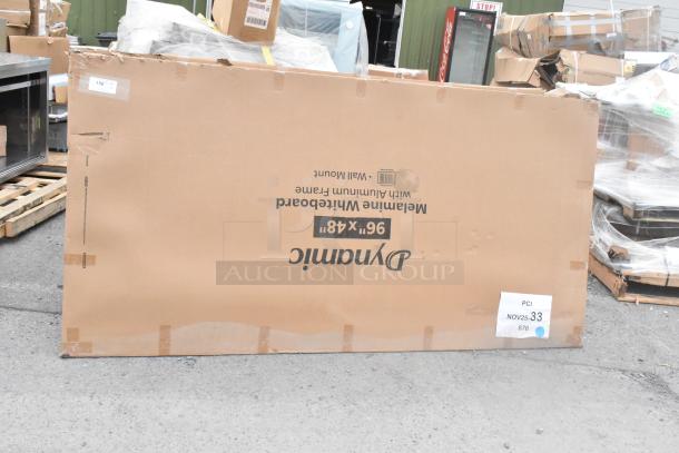 Brand new Dynamic by 360 Office 96" x 48" whiteboard with aluminum frame. Wall-mountable, melamine surface. Scratch and dent condition.