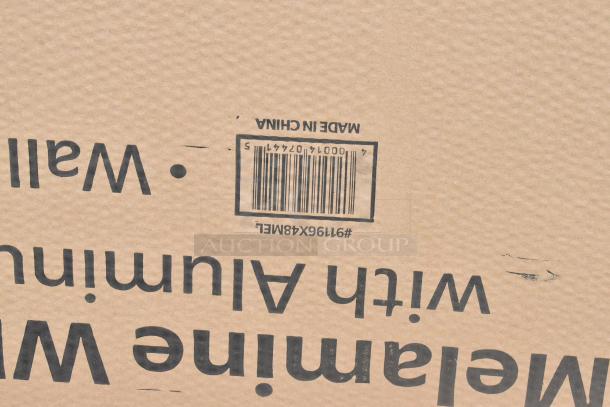 Image shows packaging for a Dynamic by 360 Office Furniture 96" x 48" wall-mount melamine whiteboard with an aluminum frame. Visible barcode and "Made in China" marking.