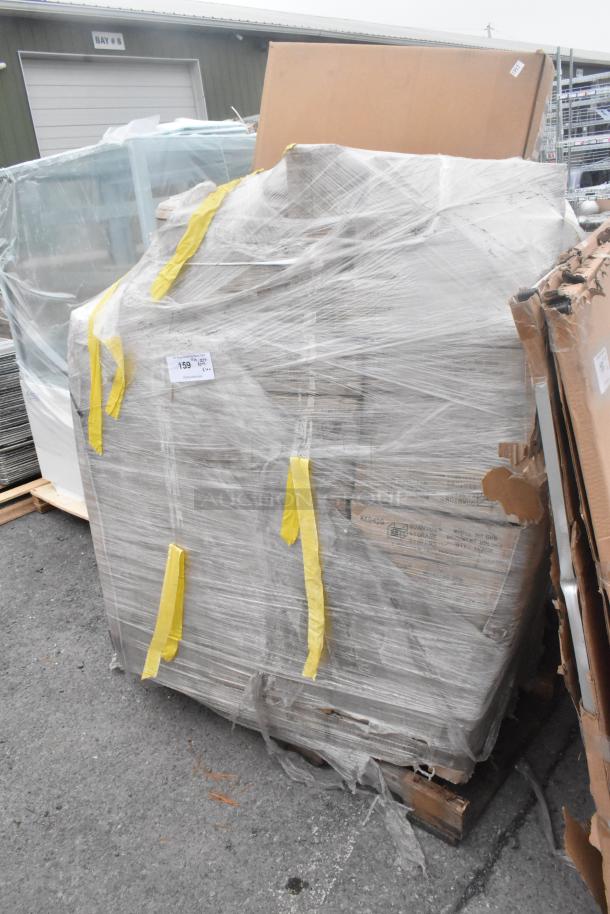 Pallet with shrink-wrapped items including Quantum Wire Shelves and Nexel Document Holder. Scratch and dent condition.