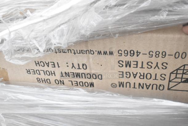Box of Quantum wire shelves and Nexel document holder, wrapped in plastic, labeled Model No. D8H, quantity: teach.