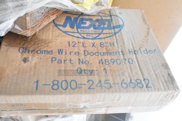 Nexel Industries 12"x8" Chrome Wire Document Holder box, Part No. 489070, new condition, 1-800-245-6682 contact info.