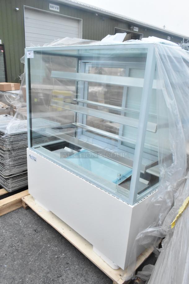 Avantco 193BCF48W refrigerated bakery display case, brand new with scratch and dent; visible broken glass; white finish.