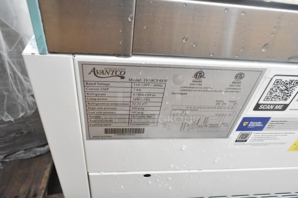 Avantco 193BCF48W refrigerated display case label showing model, voltage, current, and refrigerant details.