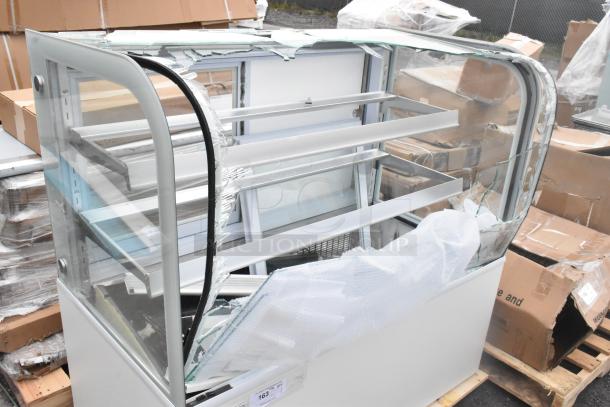 Avantco 193BC48HCW refrigerated display case, 48" curved glass, white, new scratch and dent, visible glass damage.