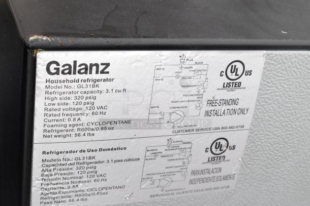 Galanz GL31BK Mini Cooler with Freezer, 3.1 cu.ft capacity, 115V, 1 phase, UL listed label visible, good condition.
