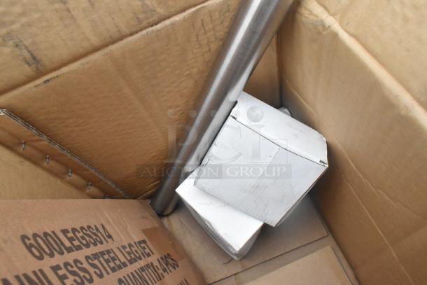 Regency 600S3181818C stainless steel L-shaped 3 bay sink, new with scratches, includes dual drain boards, boxed.