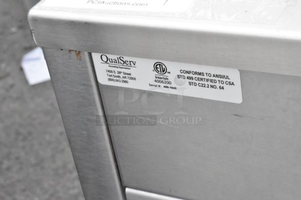 QualServ stainless steel commercial single bay portable sink with label showing certification and serial number.