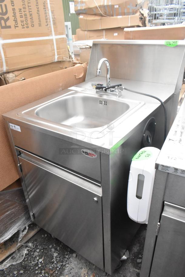 QualServ stainless steel single bay portable sink on commercial casters, features faucet, cabinet, and visible QualServ logo.