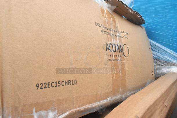 Cardboard box labeled "922EC15CHRLD Acopa 8 Qt. Supreme Chafer Cover" with visible tape and minor scratches. New condition.