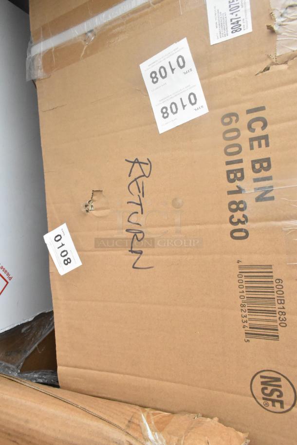 Cardboard box labeled "600IB1830" with "RETURN" written on it. Damaged with visible sticker "0108". Contains underbar ice bin.