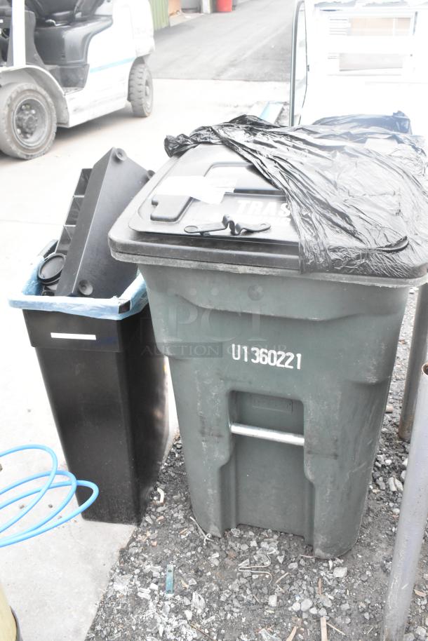 Two poly trash cans with contents. One green can marked "U1360221," includes a lid. Items show signs of outdoor use.