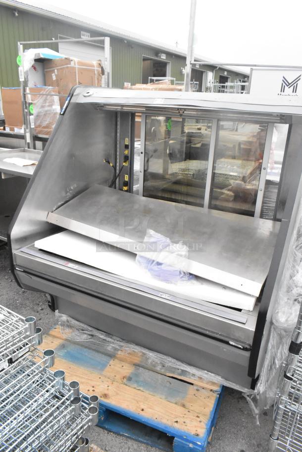 Metal commercial reach-in Grab N Go merchandiser, stainless steel, sliding glass doors, open shelving, used condition.