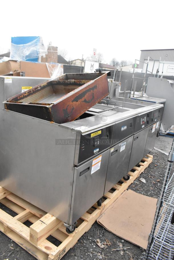 Giles EOF-24 stainless steel commercial electric 3-bay deep fat fryer with dumping station on casters, 480V, 3-phase.