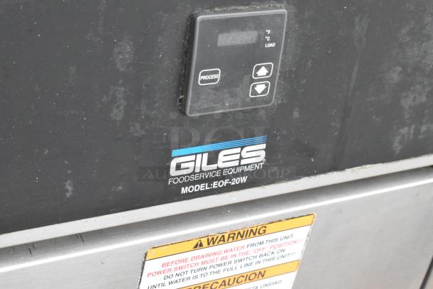 Giles EOF-24 stainless steel commercial electric fryer with model label and warning sign. Caster-mounted, 480V, 3-phase.