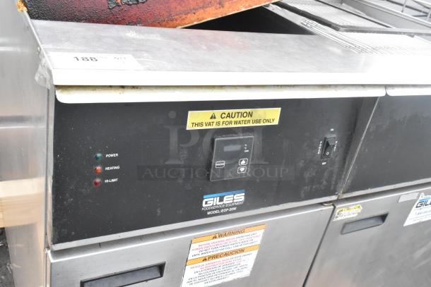 Giles EOF-24 stainless steel commercial electric 3 bay fryer with dumping station, 480V, 3 phase, on casters, control panel shown.