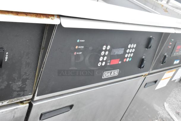 Giles EOF-24 stainless steel electric 3-bay deep fat fryer with dumping station, commercial casters, 480V, 3-phase.