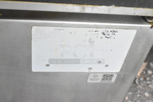 Giles EOF-24 stainless steel electric fryer, 3 bay, with dumping station on casters. Shows wear; 480V, 3-phase.