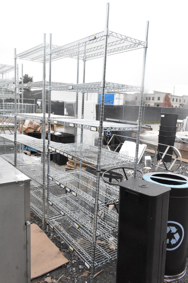 Chrome finish 7-tier wire shelving unit in good condition, requires dismantling, suitable for storage needs.