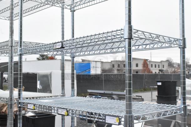 Chrome finish 7-tier wire shelving unit with labels. Shows sturdy structure, ideal for storage. Buyer must dismantle.