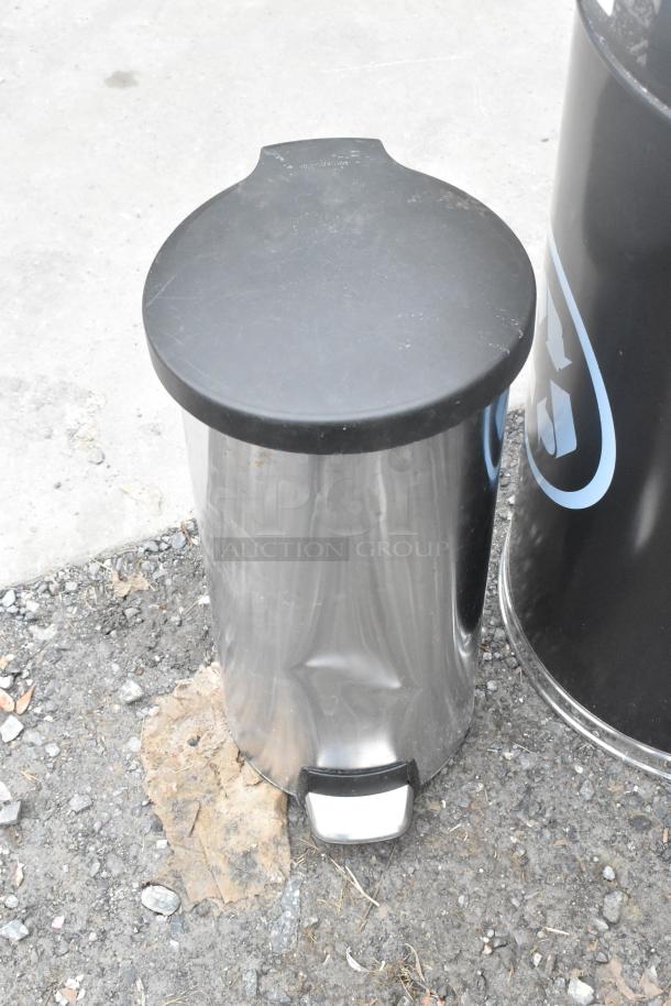 Stainless steel pedal trash can with black lid, some scuffs visible; sold in a lot of three.