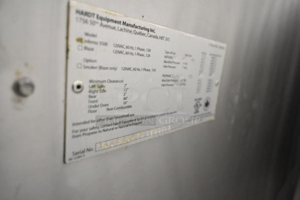 Hardt Inferno 3500 stainless steel rotisserie oven label, detailing the model, power specs, and minimum clearance guidelines.