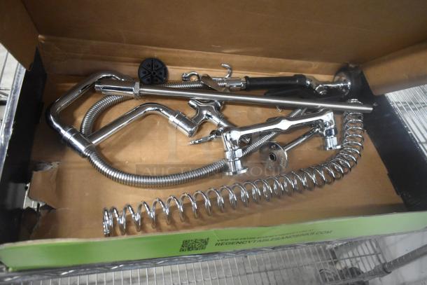 Regency 600PRW8X 1.15 GPM wall-mounted pre-rinse faucet with 8" centers, 44" hose, chrome finish, new in open box.