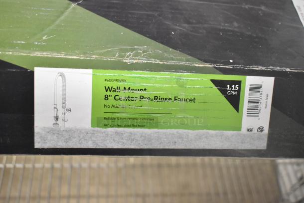 Regency 600PRW8X pre-rinse faucet, 1.15 GPM, wall-mounted, 8" centers, 44" hose, ceramic cartridges, new in box.