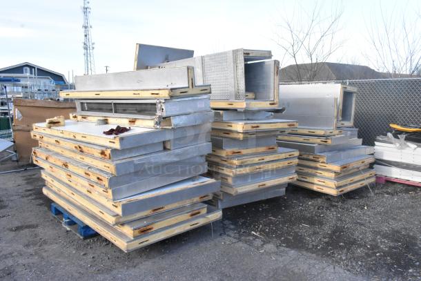 Two Penn walk-in boxes, stacked dismantled panels, no compressors, condensers, or evaporator fans, auction item.