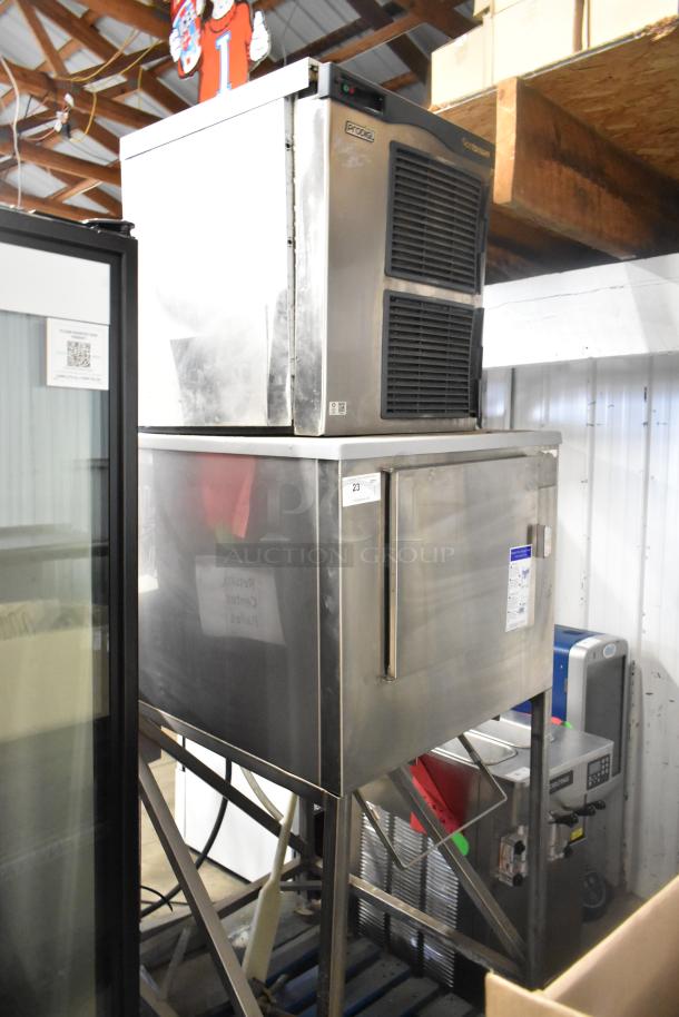 Scotsman Prodigy ice head on Kloppenberg ICS-1 stainless steel ice bin, commercial use, visible labels, good condition.