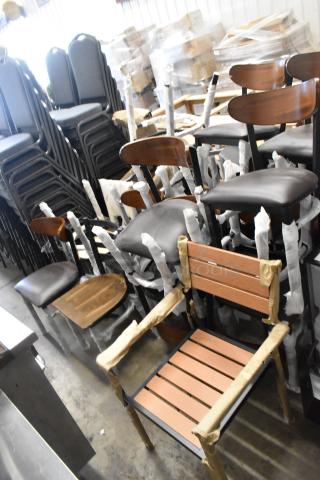 23 new scratch-and-dent chairs including Lancaster Table & Seating 164CMTLADFR black ladder chair frames, metal with wooden back.