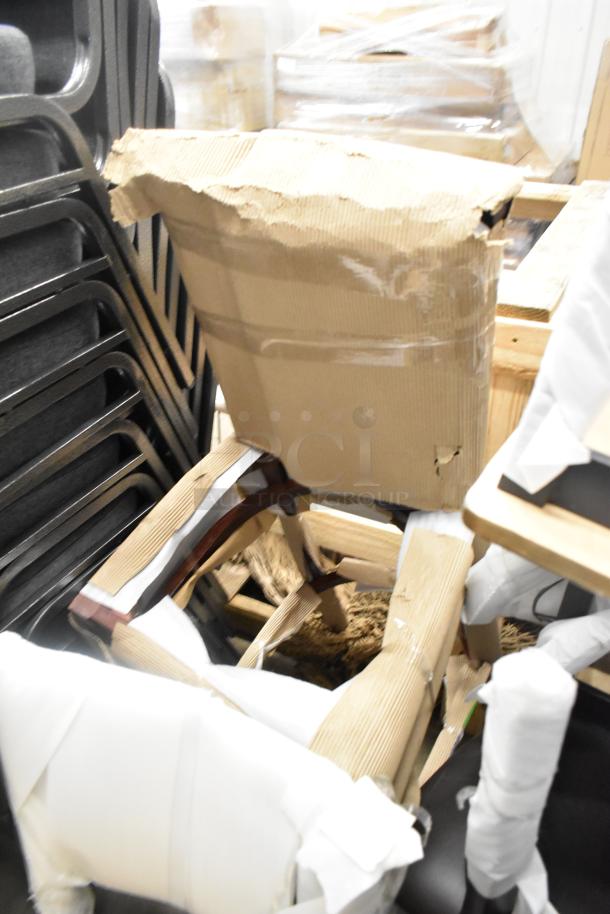 Stack of Lancaster Table & Seating chairs, brand new scratch and dent condition, metal frames with wooden backrests, partially unpacked.