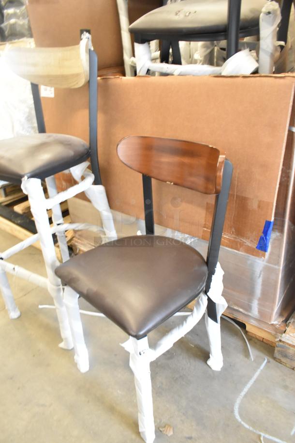 Black metal chairs with wooden backrest and cushioned seat. Includes dining and bar height. New with minor imperfections.