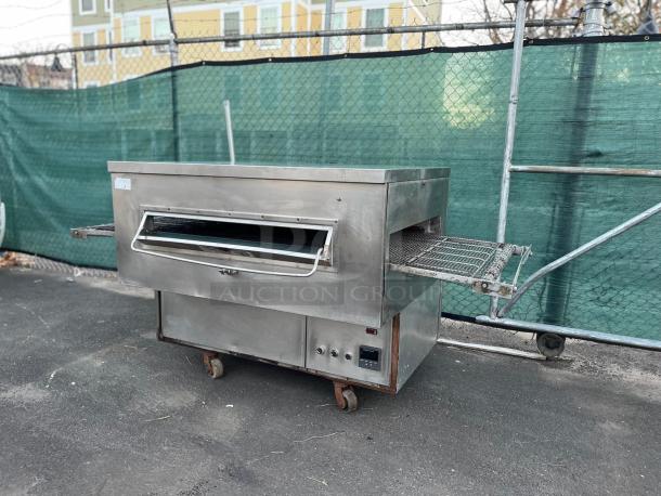 Middleby Marshall PS360G gas-fired conveyor oven, stainless steel, on casters, used for rapid high-volume cooking.