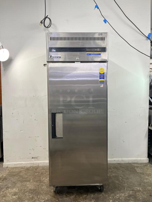 Everest ESF1 commercial-grade, one-section reach-in freezer, silver stainless steel, visible brand label, on wheels.